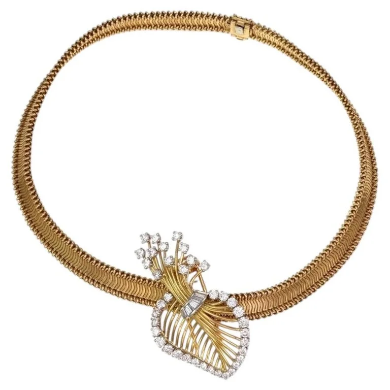 Cartier Vintage 1940s Diamond 18k Gold Platinum Floral Sprig Necklace 15-inch