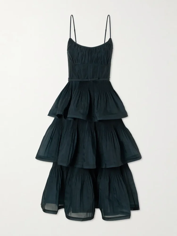 belted tiered chiffon midi dress