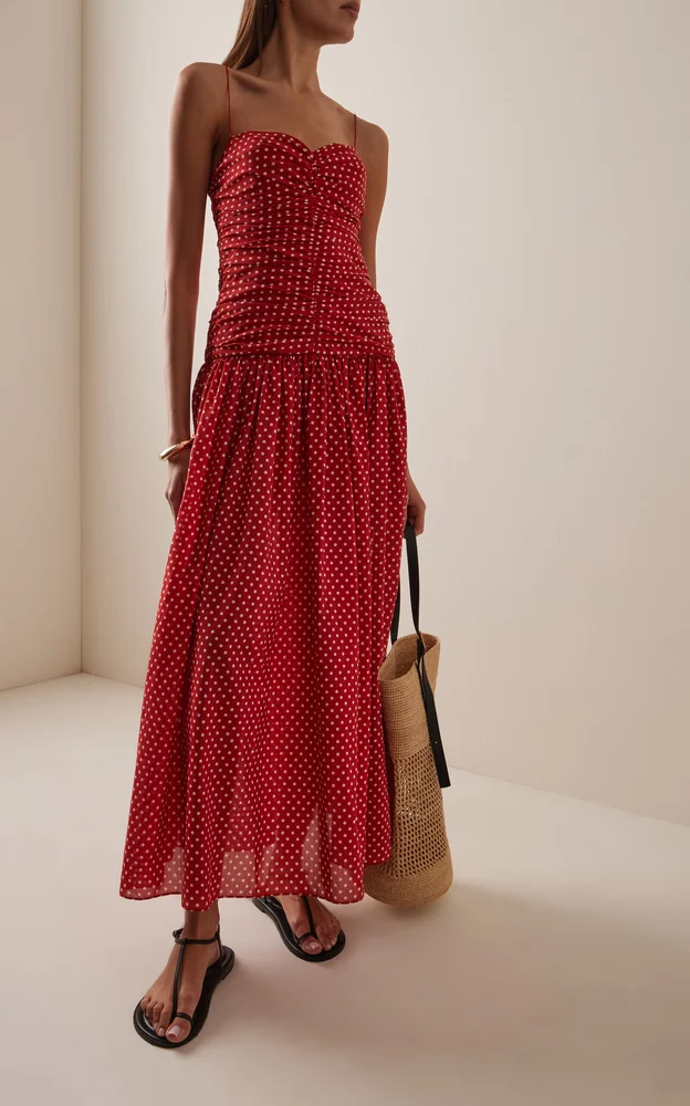 Gathered Polka-Dot Cotton-Silk Drop-Waist Midi Dress