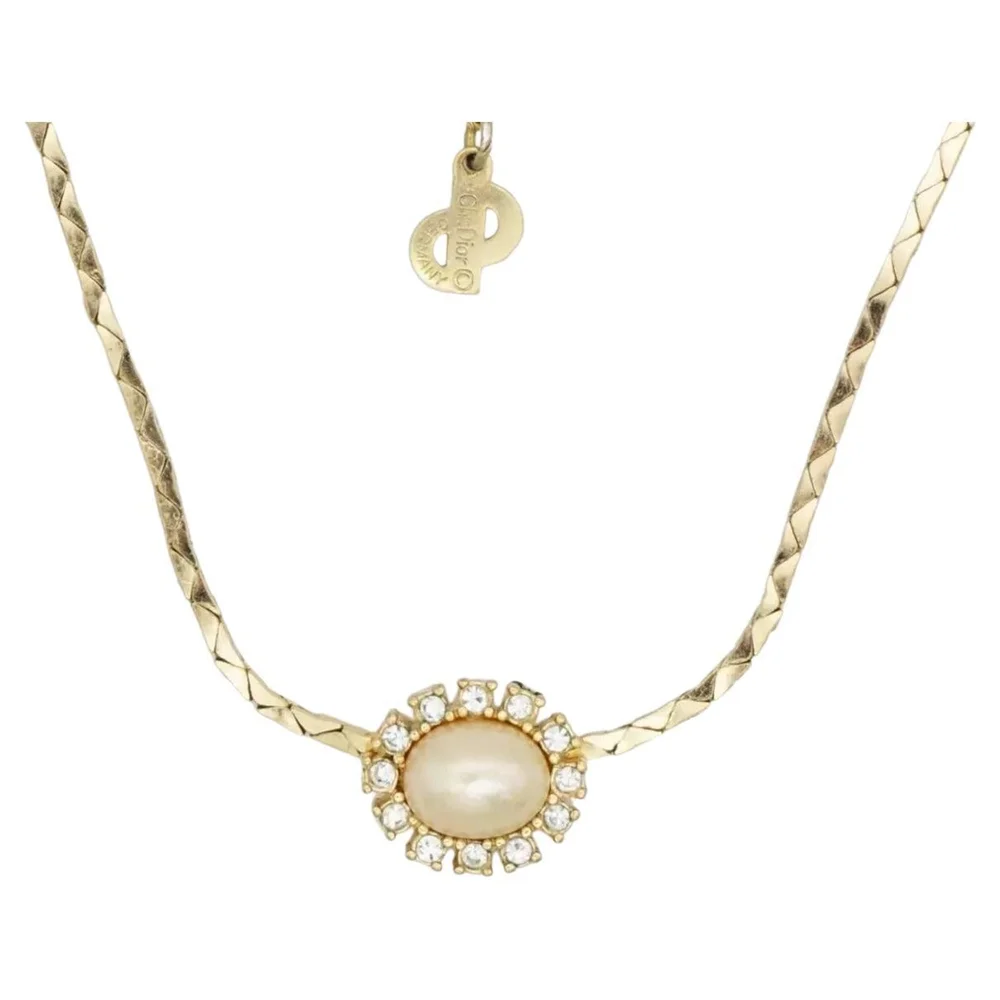 Pre-Owned Vintage Gold White Pearl Crystals Sparkling Pendant Necklace
