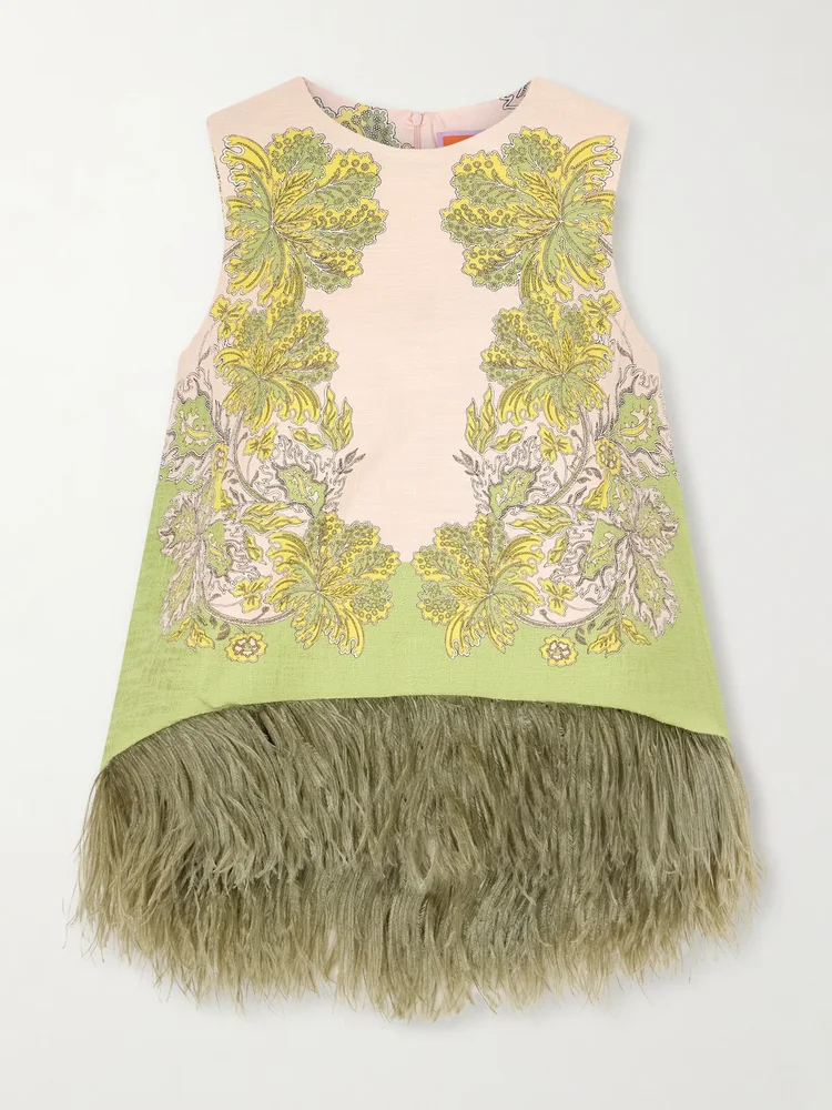 la scala printed feather trimmed cotton blend top