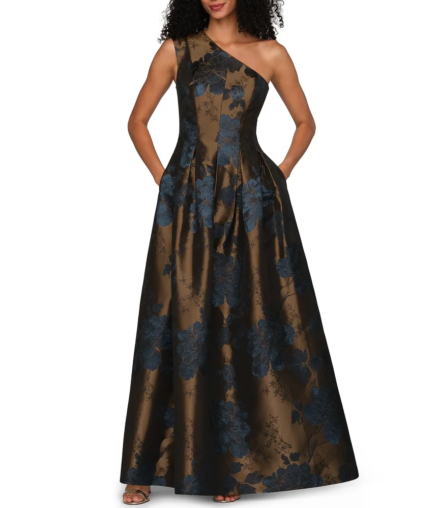 Floral Jacquard One Shoulder Gown
