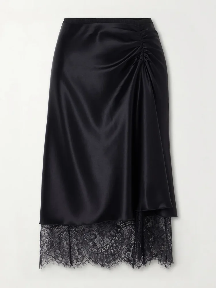 ingrid lace trimmed ruched satin midi skirt