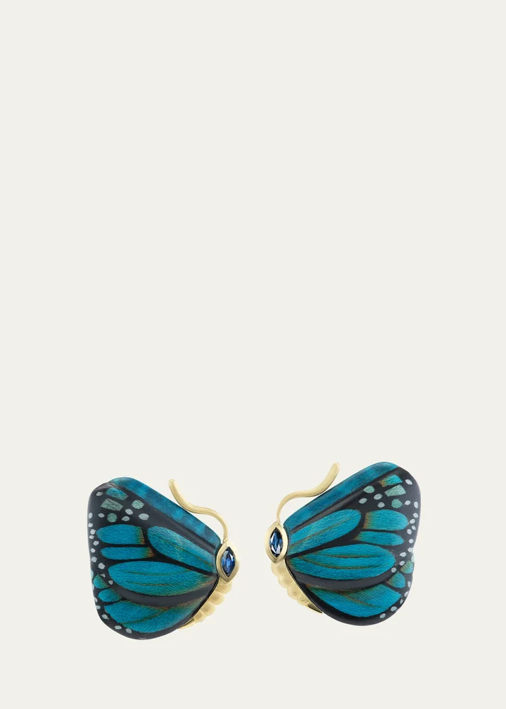 18K Yellow Gold Marquetry Butterfly Earrings with Blue Sapphires