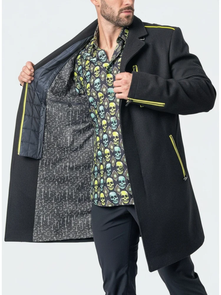 Maceoo CaptainVolt Black Peacoat | Men's Designer Peacoat | Slim Fit Wool-Blend Coat Black