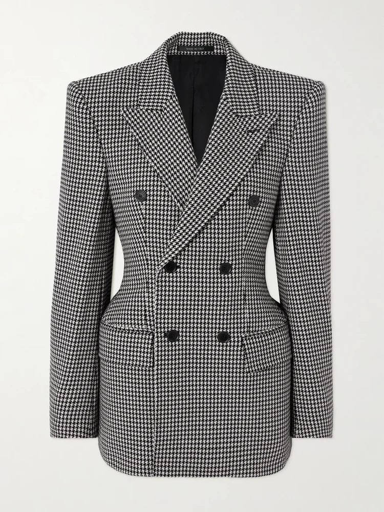Hourglass houndstooth double-breasted wool blazer