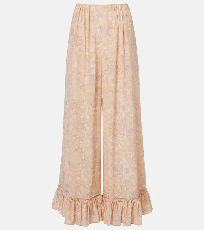Floral ruffled silk wide-leg pants