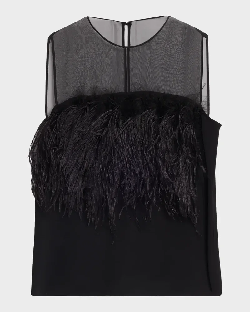 Feather-Trim Sheer Yoke Sleeveless Top