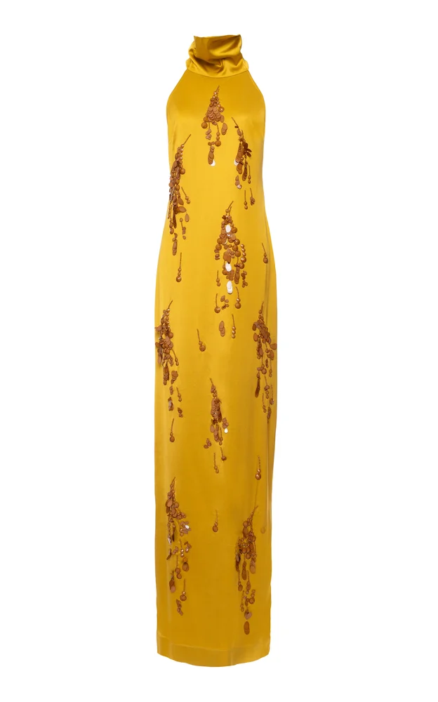 Backless Embellished Satin Column Gown