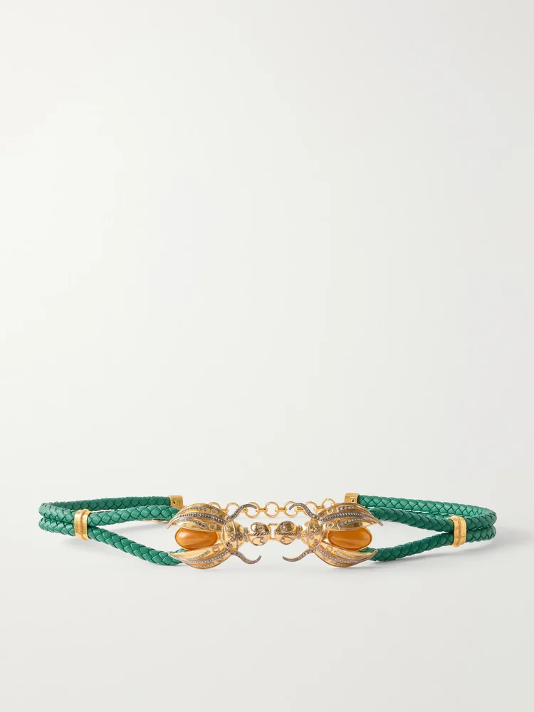 Scarab gold-tone and woven leather belt