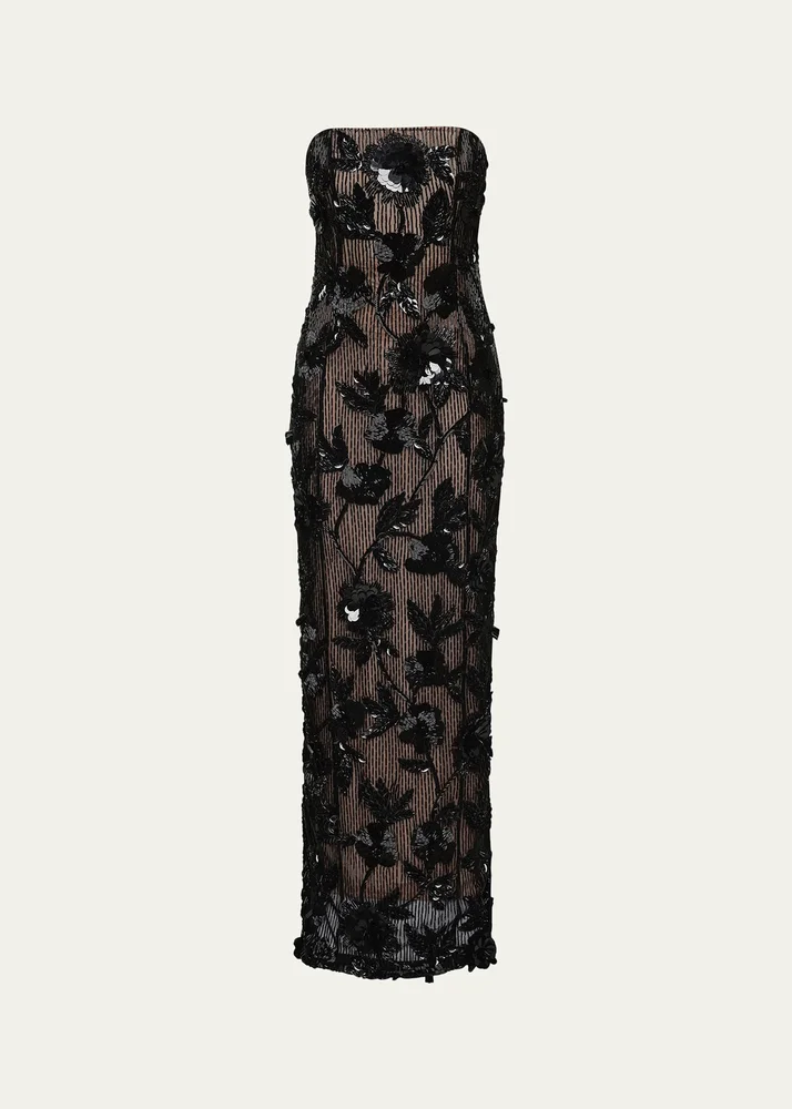 Pierre Strapless Embroidered Tulle Column Gown