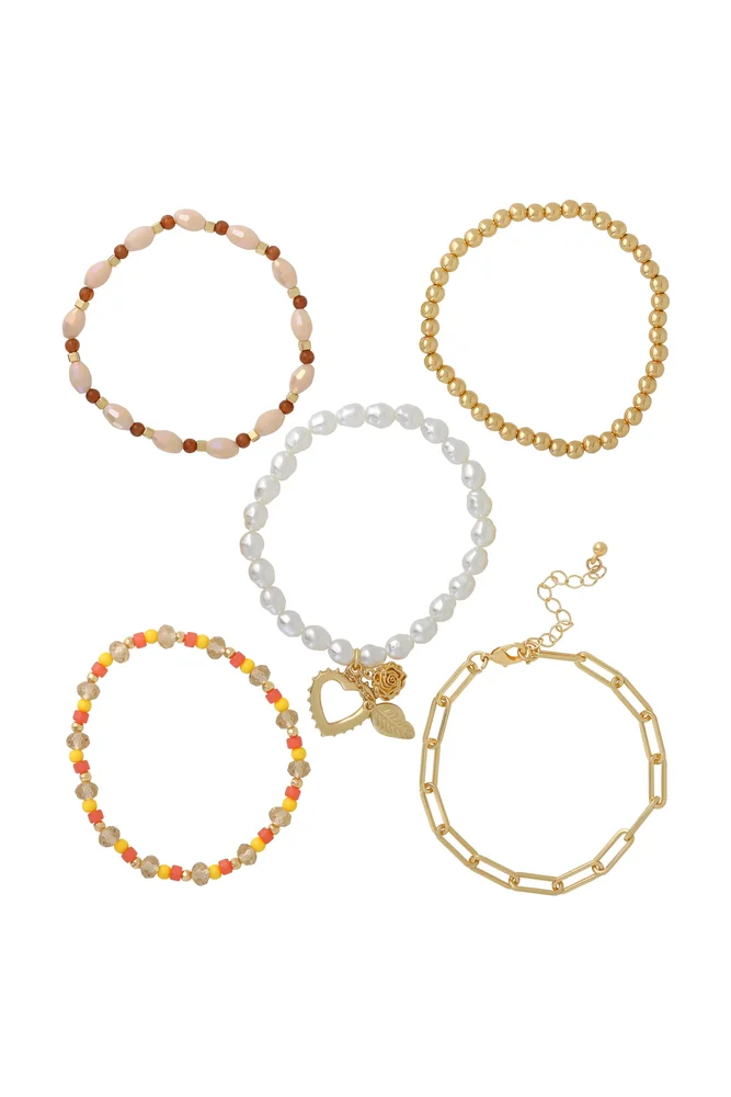 Stackable Gold-Tone and Bead Bracelets for Women 5-Piece Set