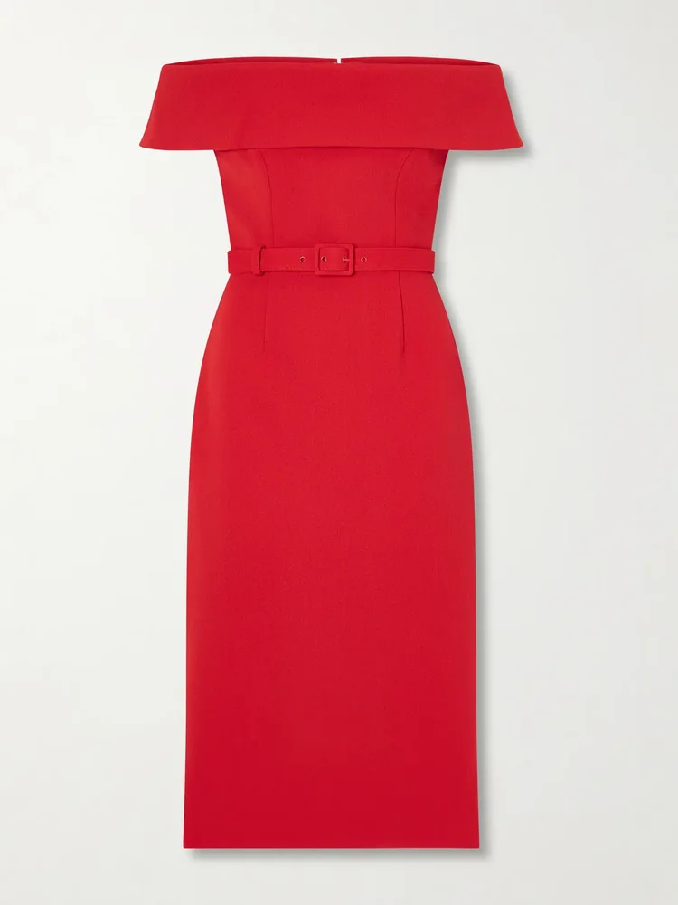 Precious off-the-shoulder belted crepe midi dress
