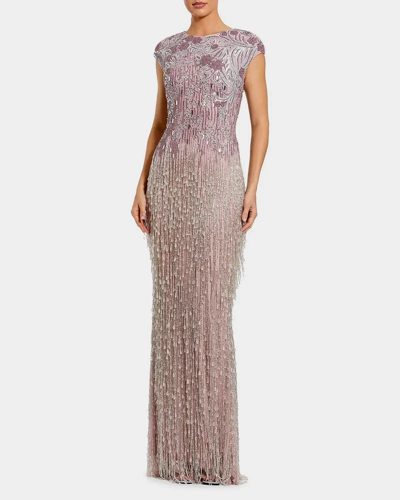 Evening Embellished Mesh Cap-Sleeve Gown