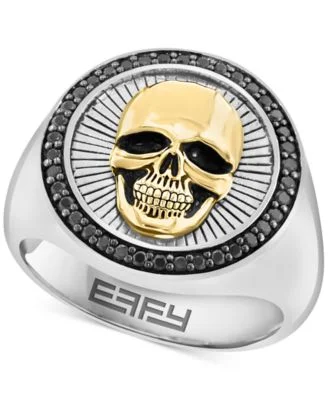 EFFY Men's Black Spinel Skull Head Round Disc Ring (3/8 ct. t.w) in Sterling Silver, 14k Gold-Plate, & Black Rhodium-Plate