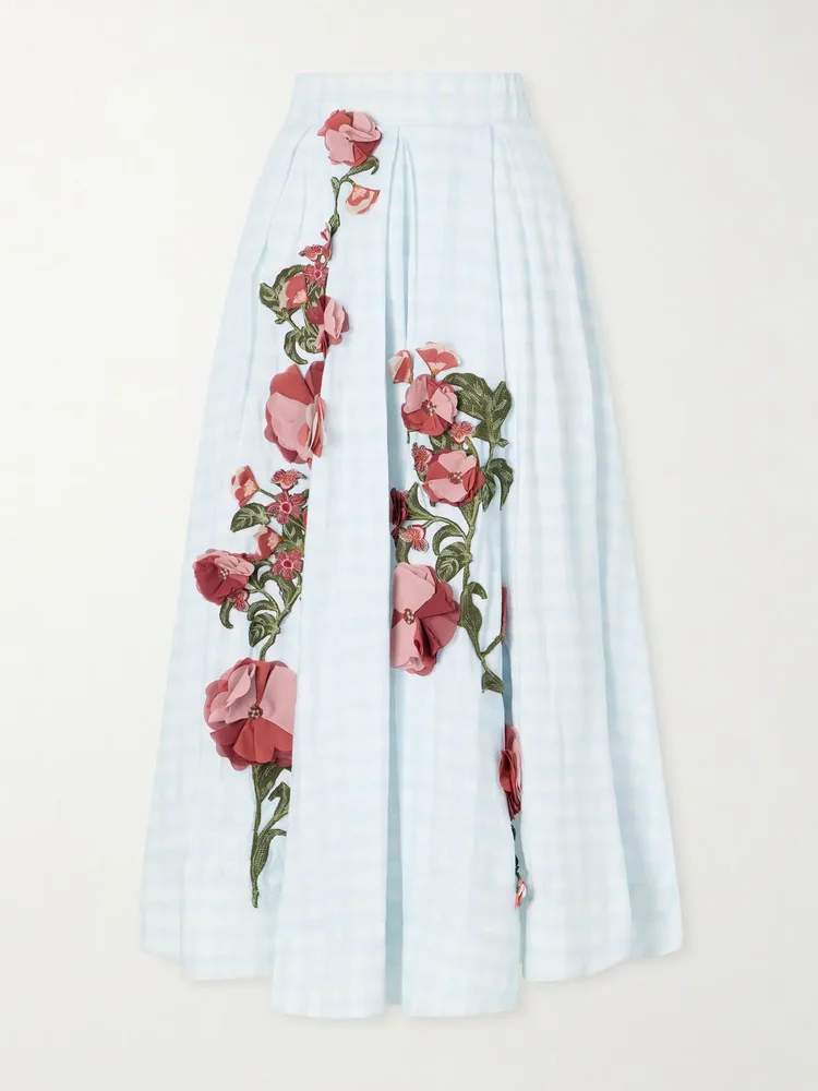 delta floral applique checked linen maxi skirt