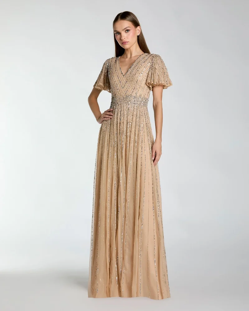 Beige Sequin V-Neck Flutter Sleeve Gown