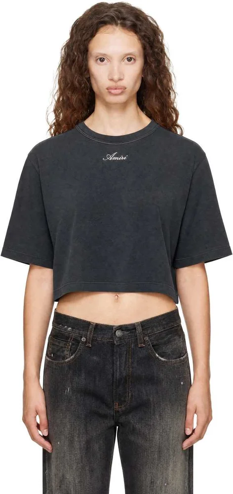Gray Embroidered Cropped T-Shirt