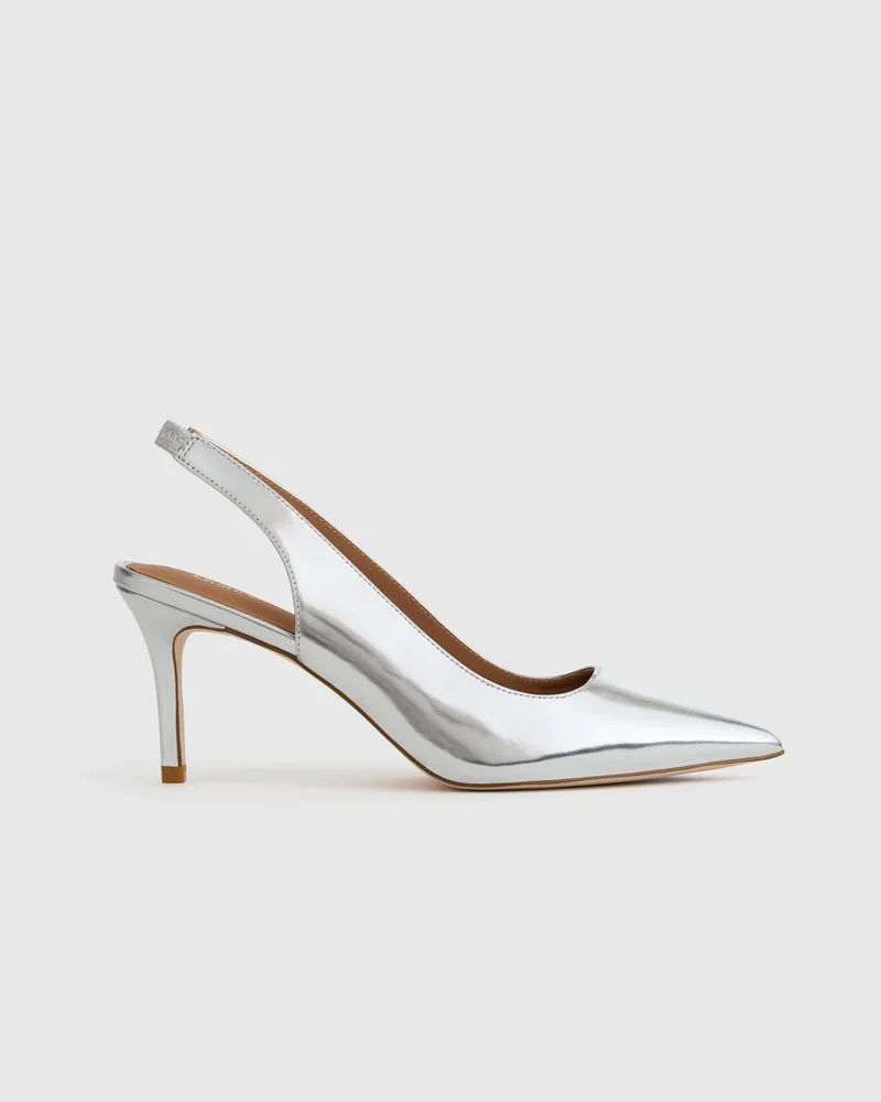 Italian Leather Slingback 75mm Heel in Shiny Silver