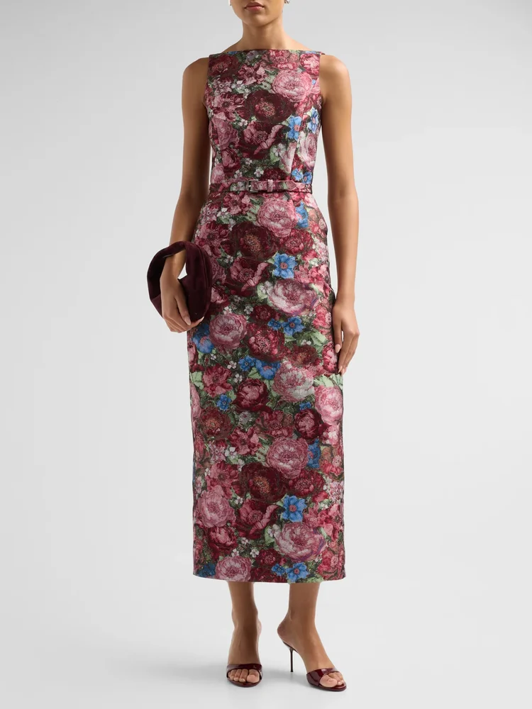 Sarita Floral-Jacquard Column Midi Dress