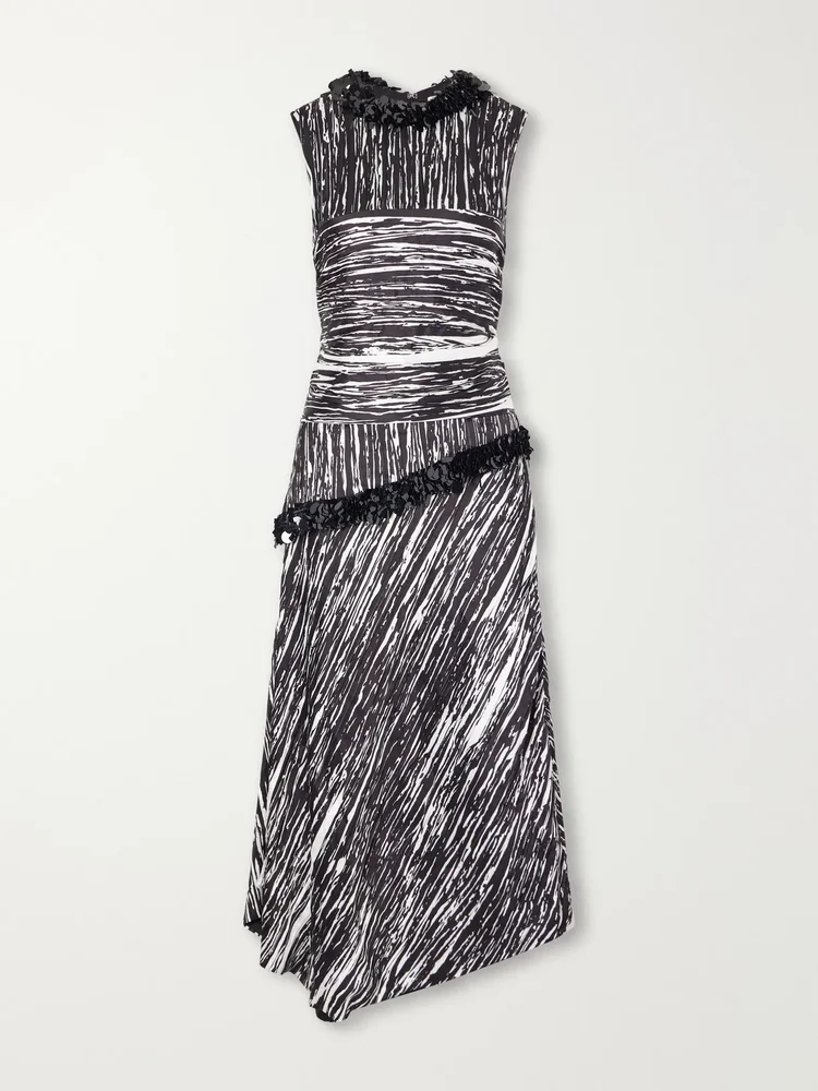 Fiora sequin-embellished pleated printed satin-jacquard midi dress