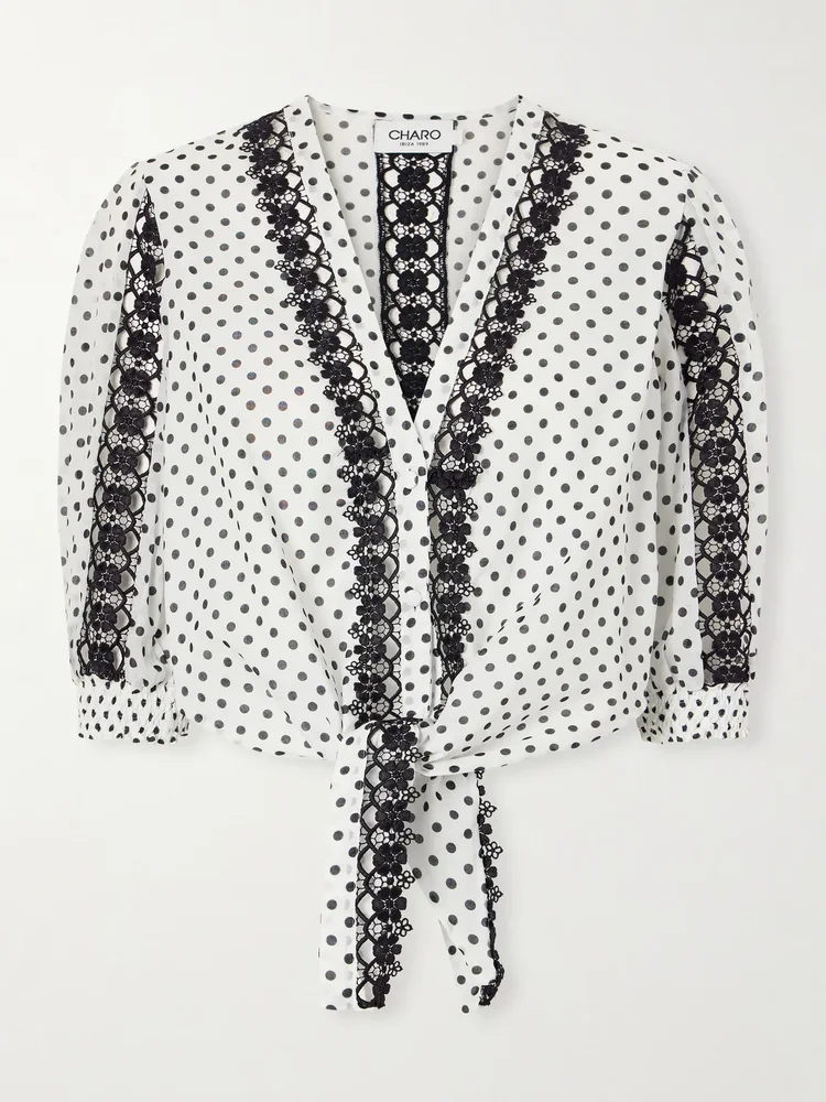 Olivar knotted guipure lace-trimmed polka-dot cotton-blend voile blouse