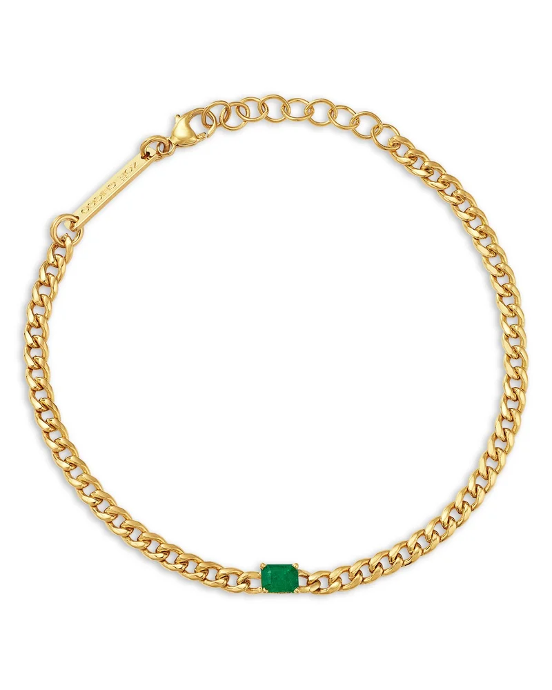 14K Yellow Gold Emerald Gemstones Emerald Solitaire Curb Link Chain Bracelet