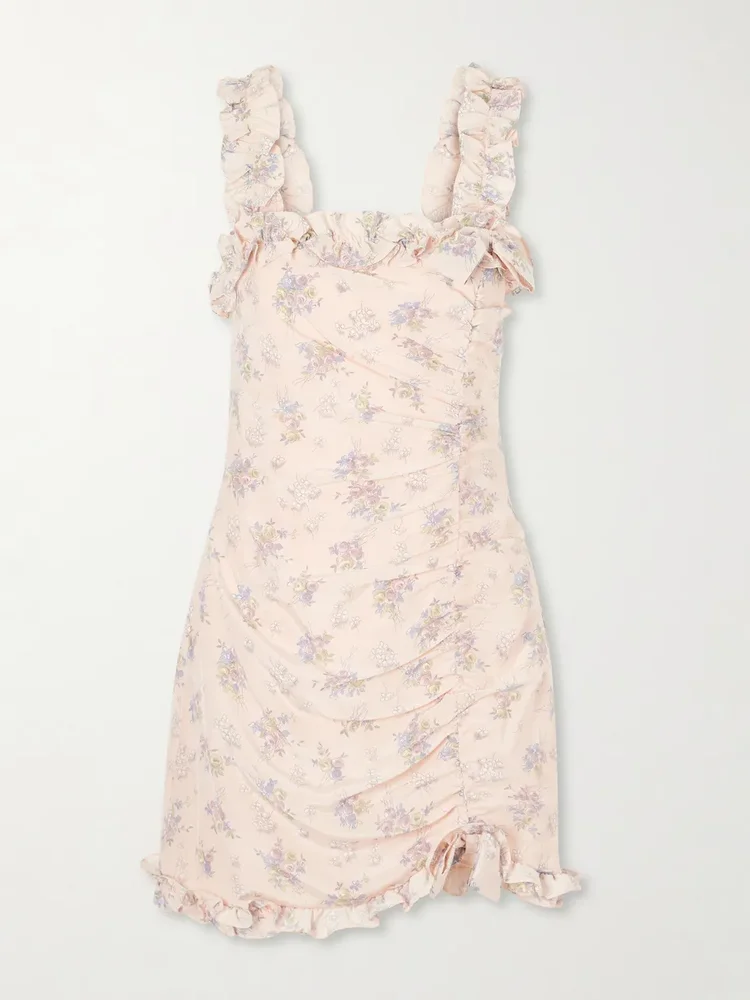 Bow-embellished floral-print silk-satin mini dress