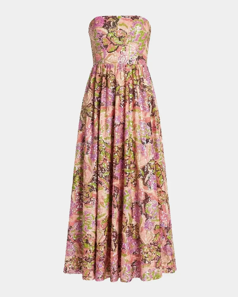 Strapless Floral Sequined Midi Dress