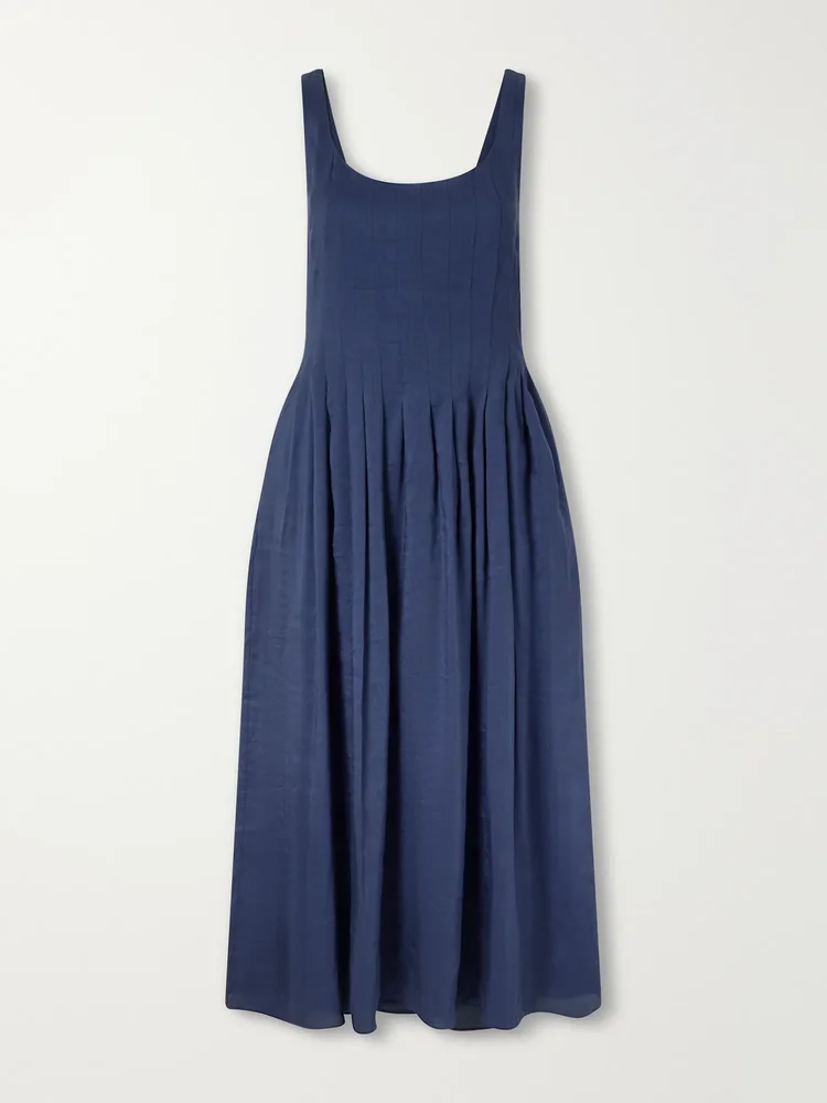 Pleated linen-blend midi dress