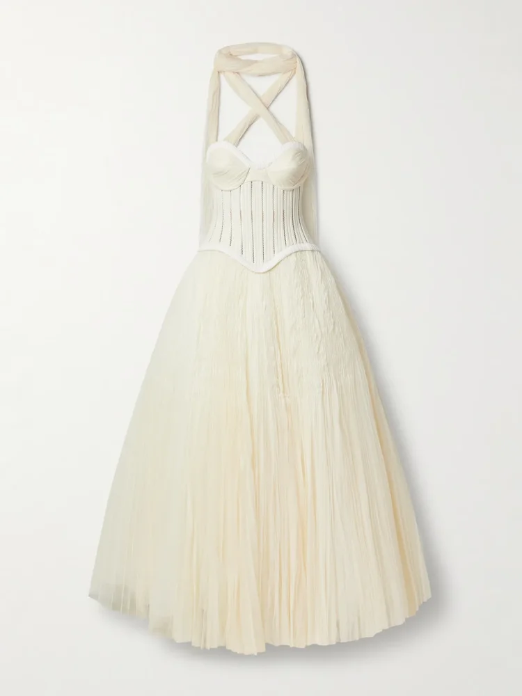 Anika strapless plissé satin-trimmed twill and tulle gown
