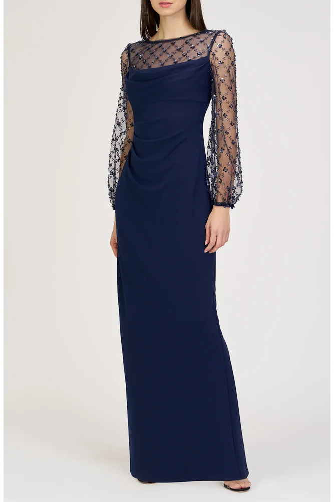 Risha Metallic Floral Appliqué Detail Long Sleeve Crepe Column Gown