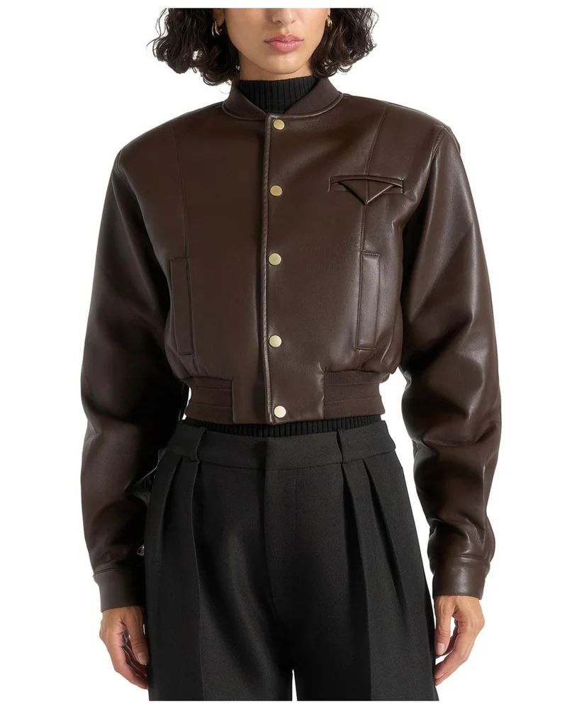 Zina Leather Wide Shoulder Bomber Jacket