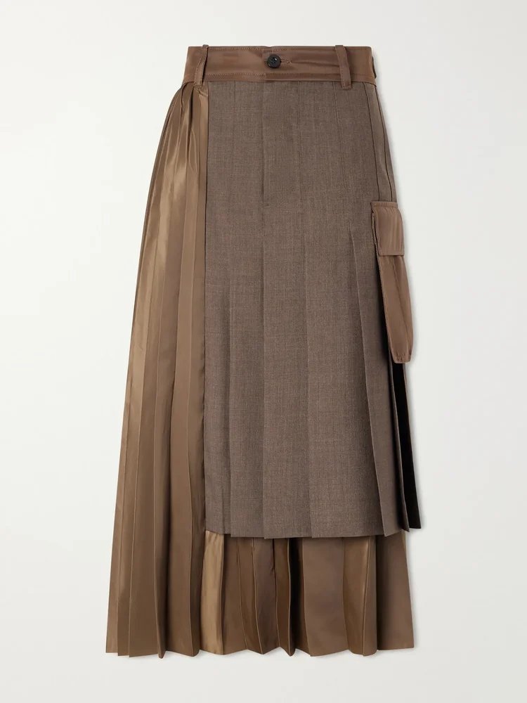 Pleated twill and shell midi skirt
