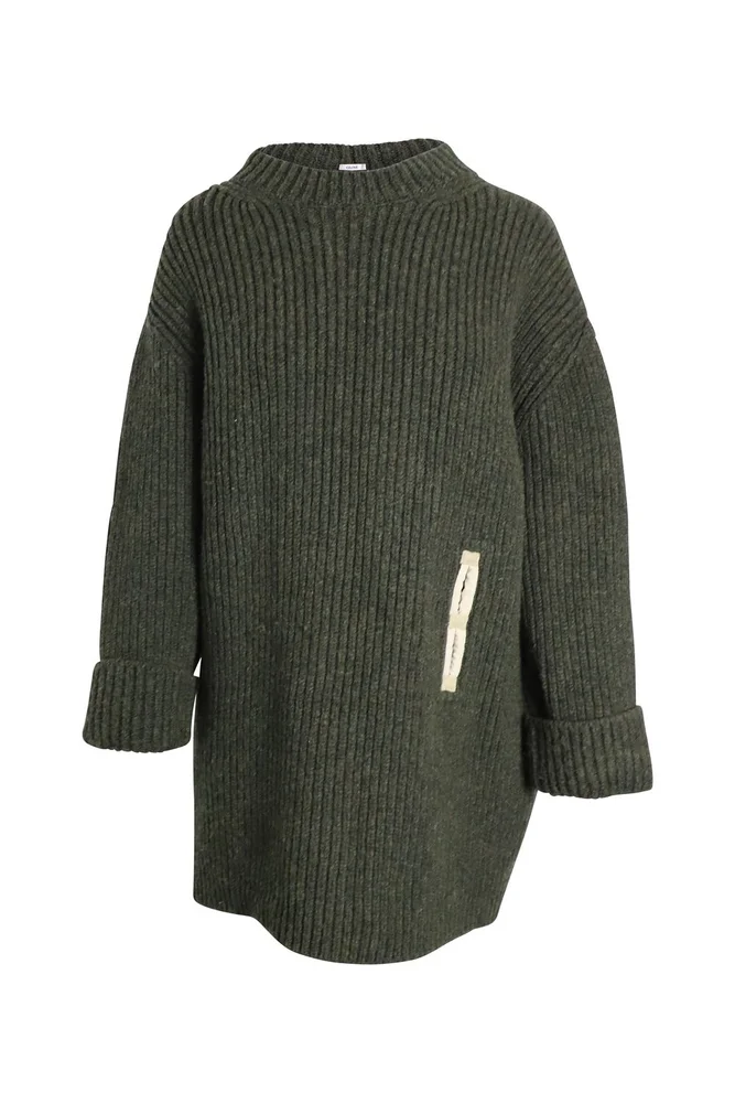 Celine Contrast Pocket Chunky Sweater in Olive Wool