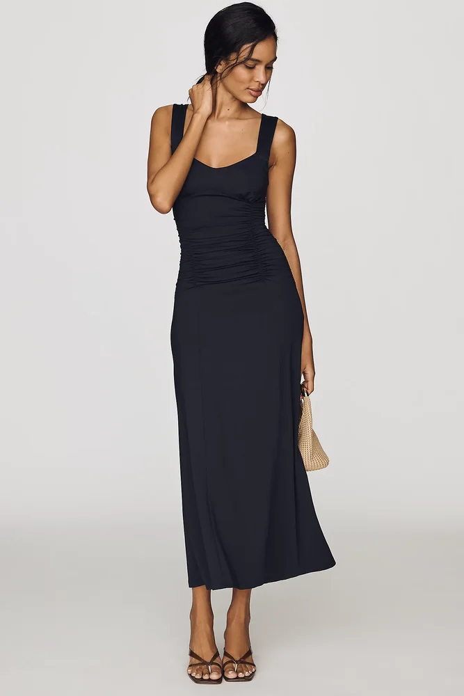 Square-Neck Ruched Knit Midi Dress