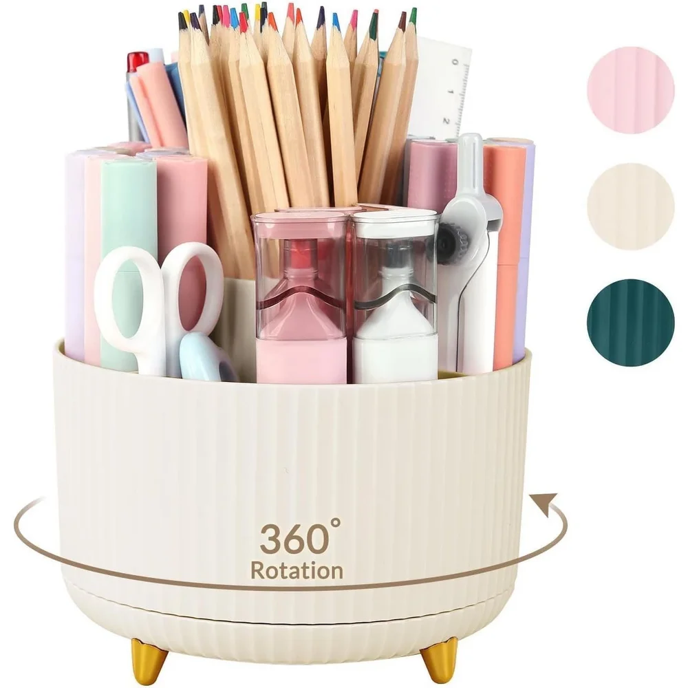 360 Rotating Plastic Desk Pen And Makeup Organizer With 5 Slots Beige