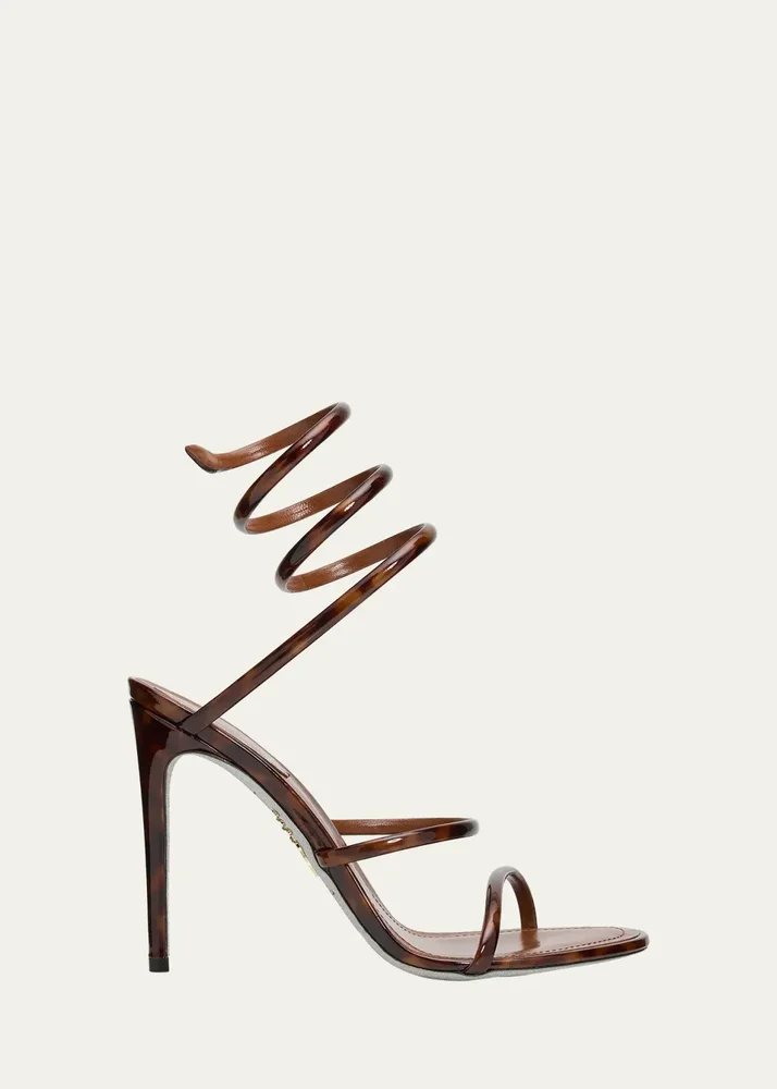 105mm Cleo Tortoiseshell Patent Leather Snake-Wrap Sandals