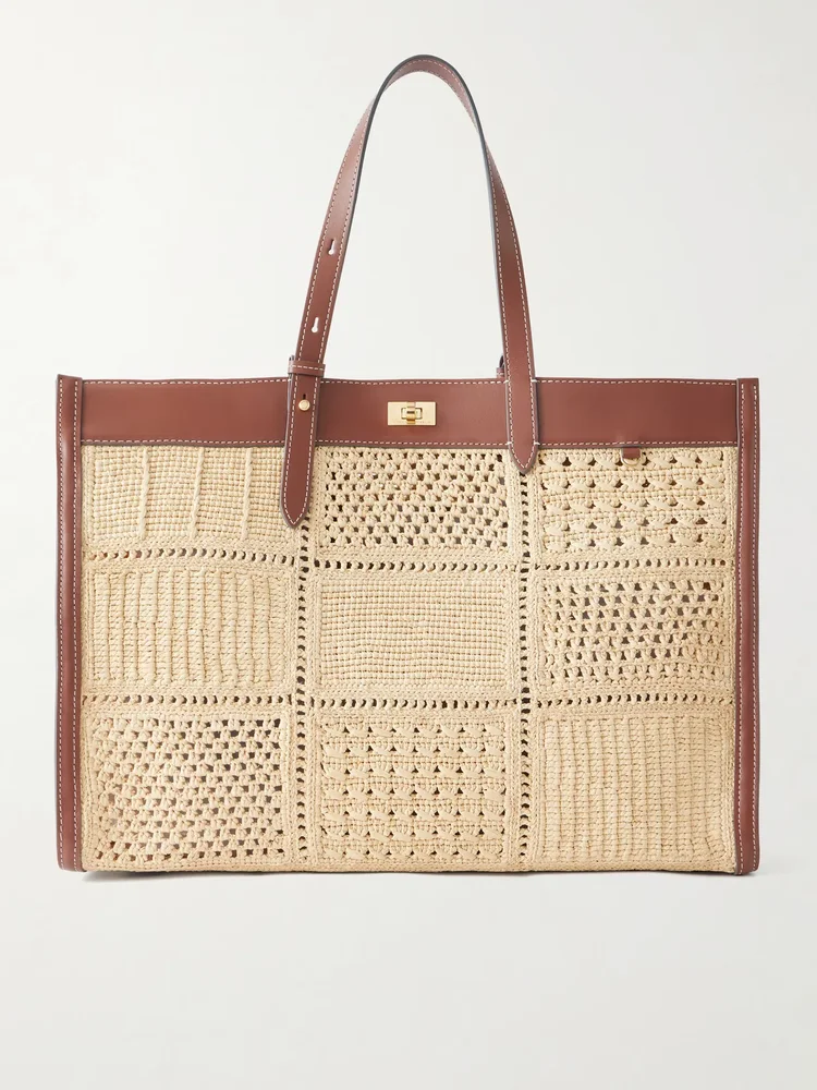 Mortimer leather-trimmed woven raffia tote