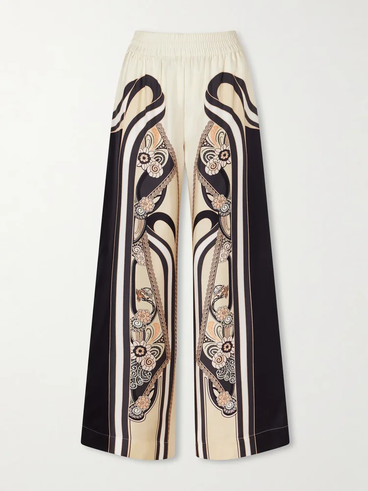 Palazzo printed silk-twill high-waist wide leg pants