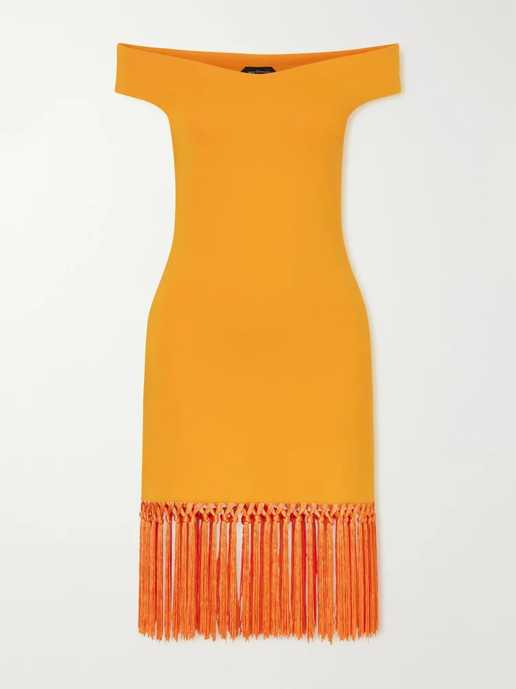 Romy off-the-shoulder fringed jersey mini dress
