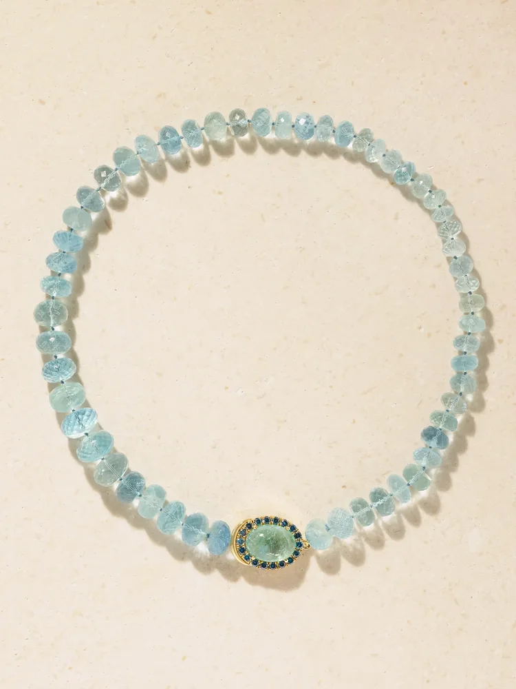 18-karat gold, aquamarine, tourmaline and blue diamond beaded necklace