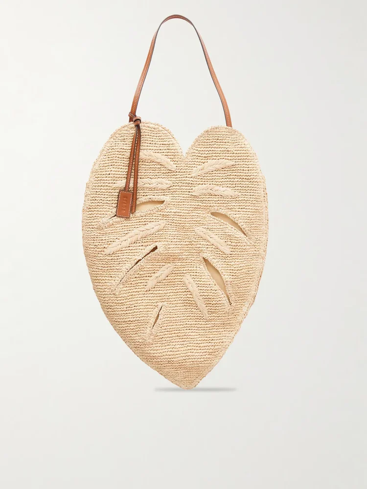 Palm leather-trimmed raffia tote