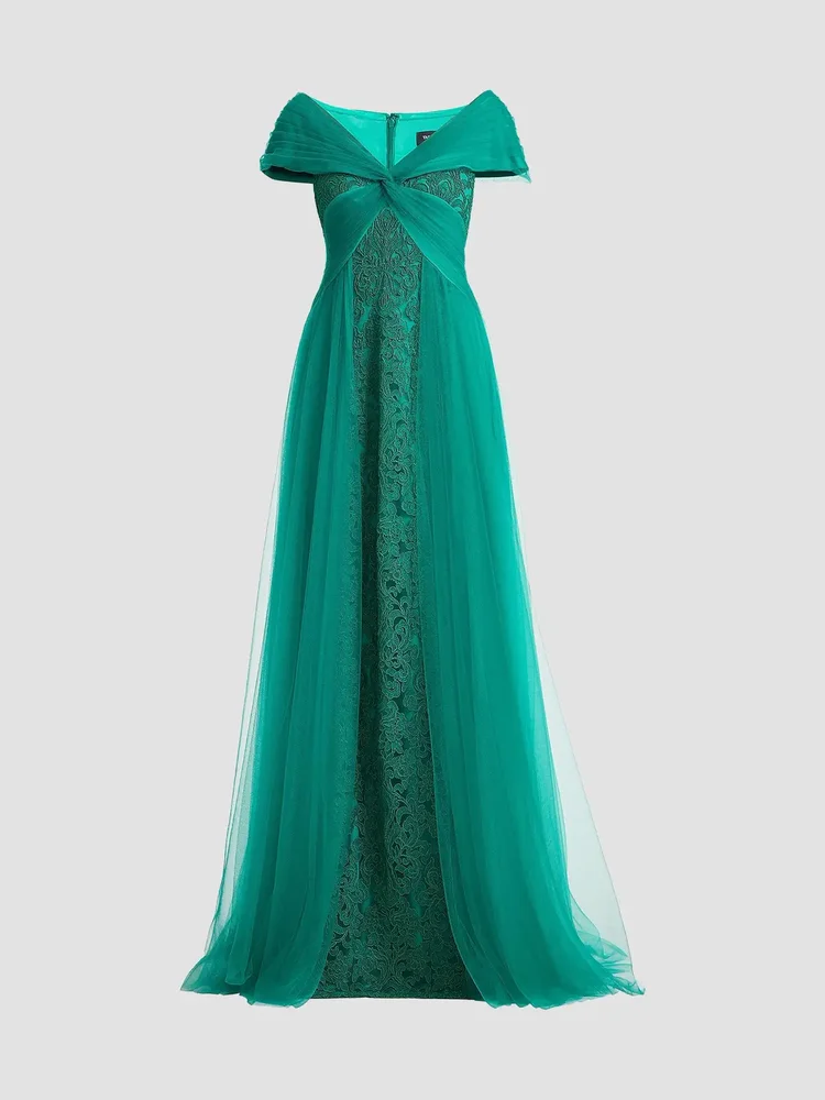 Parello Lotus-Embroidered Tulle Gown
