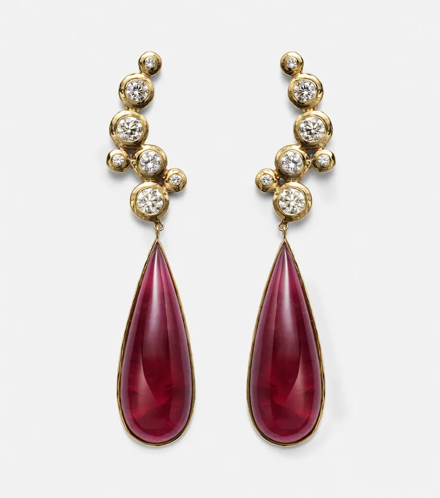 Floating Nesting Gem 18kt gold drop earrings with diamonds and rubellites