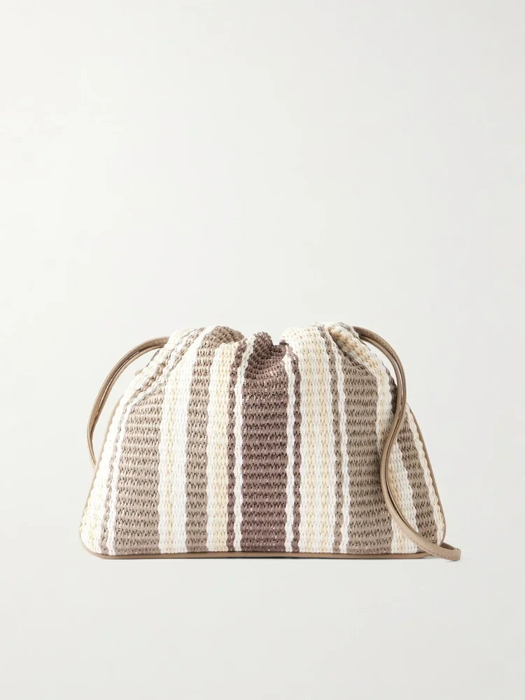 Striped leather-trimmed raffia shoulder bag