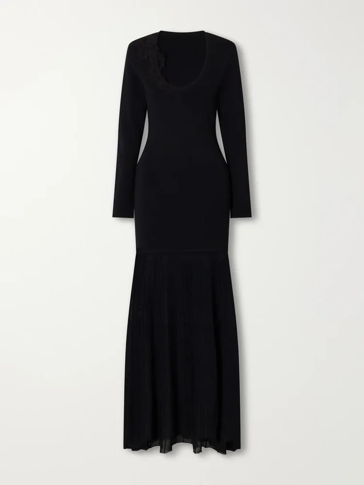 Aylu lace-appliqué contrast-panel stretch-knit maxi dress