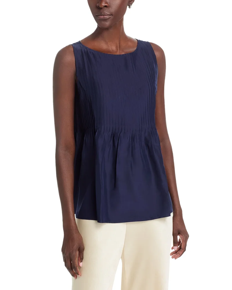 Silk Bateau Neck Pleated Shell
