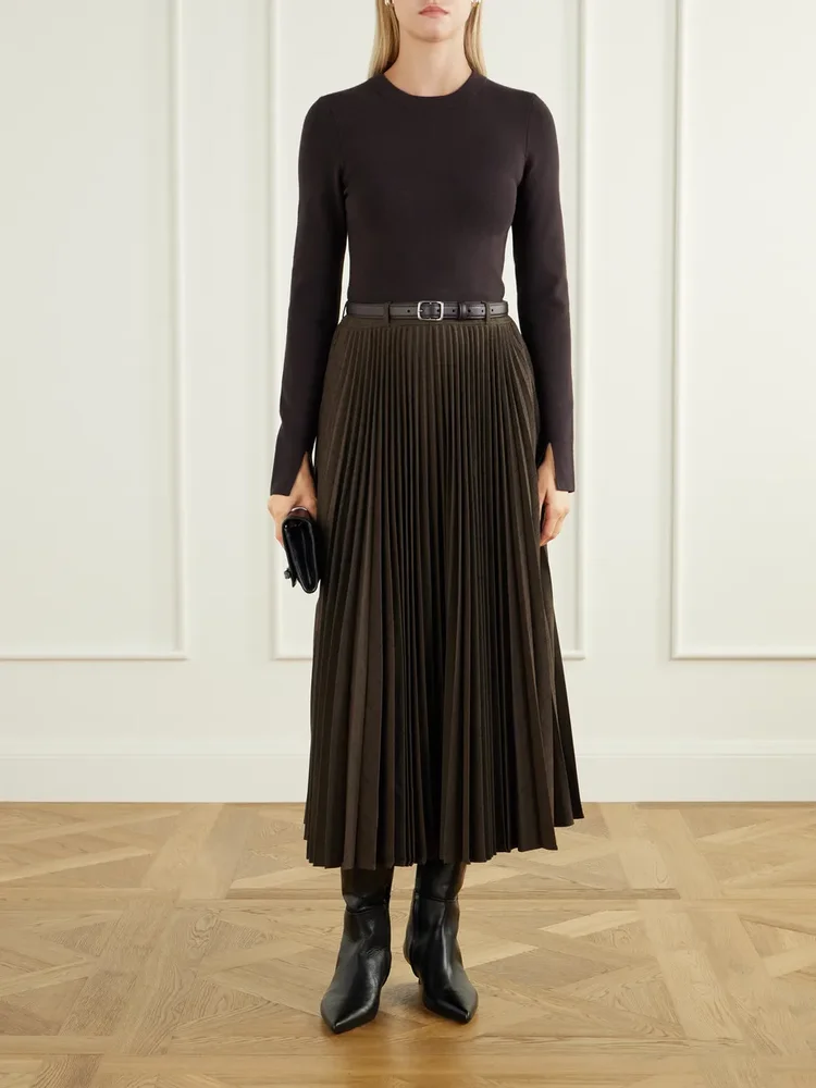 Belted pleated woven midi dress