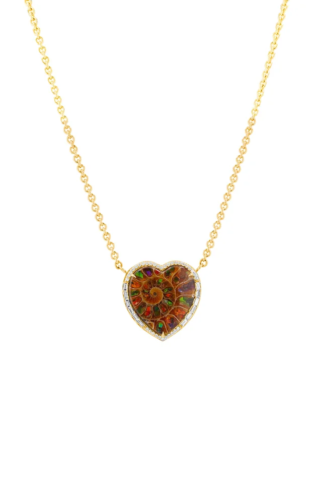 14K Yellow Gold Opalized Ammonite Heart Necklace